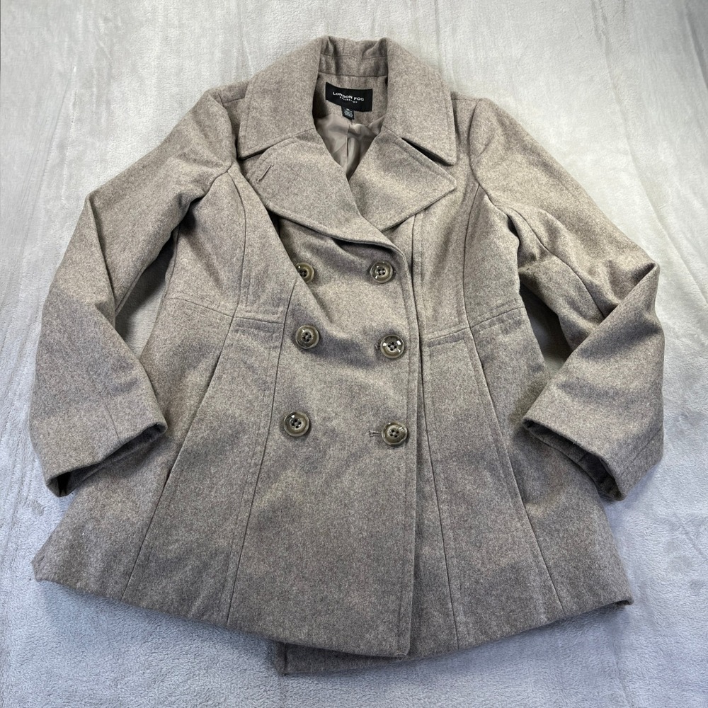 London Fog Pea Coat Women M Tan Wool Blend Double Breasted Timeless Fall Neutral - Picture 2 of 11